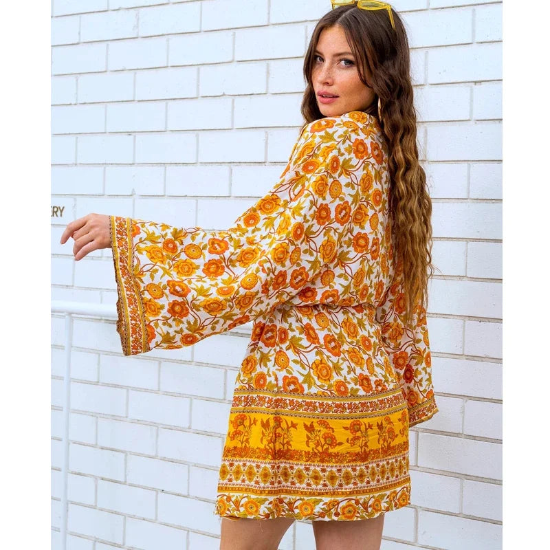 TEELYNN Women Cardigan Boho Blouse and Shirt Yellow Floral Print Kimono Sleeve