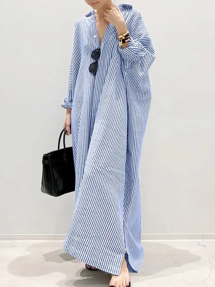 2025 Stripe Printed Beach Party Sundress Spring Fall Bohemian Women Long Sleeve Lapel Dress Fashion Casual Loose Vestidos