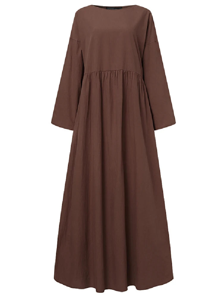 Autumn Women Sundress ZANZEA 2023 Vintage Solid Dresses Female Cotton Robe Casual Long Sleeve Pleated Maxi Vestidos Kaftan