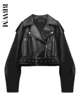 BBWM Women Oversized Vintage Loose Pu Faux Leather Short Jacket with Belt Streetwear Female Zipper Retro Moto Biker Coat Outwear