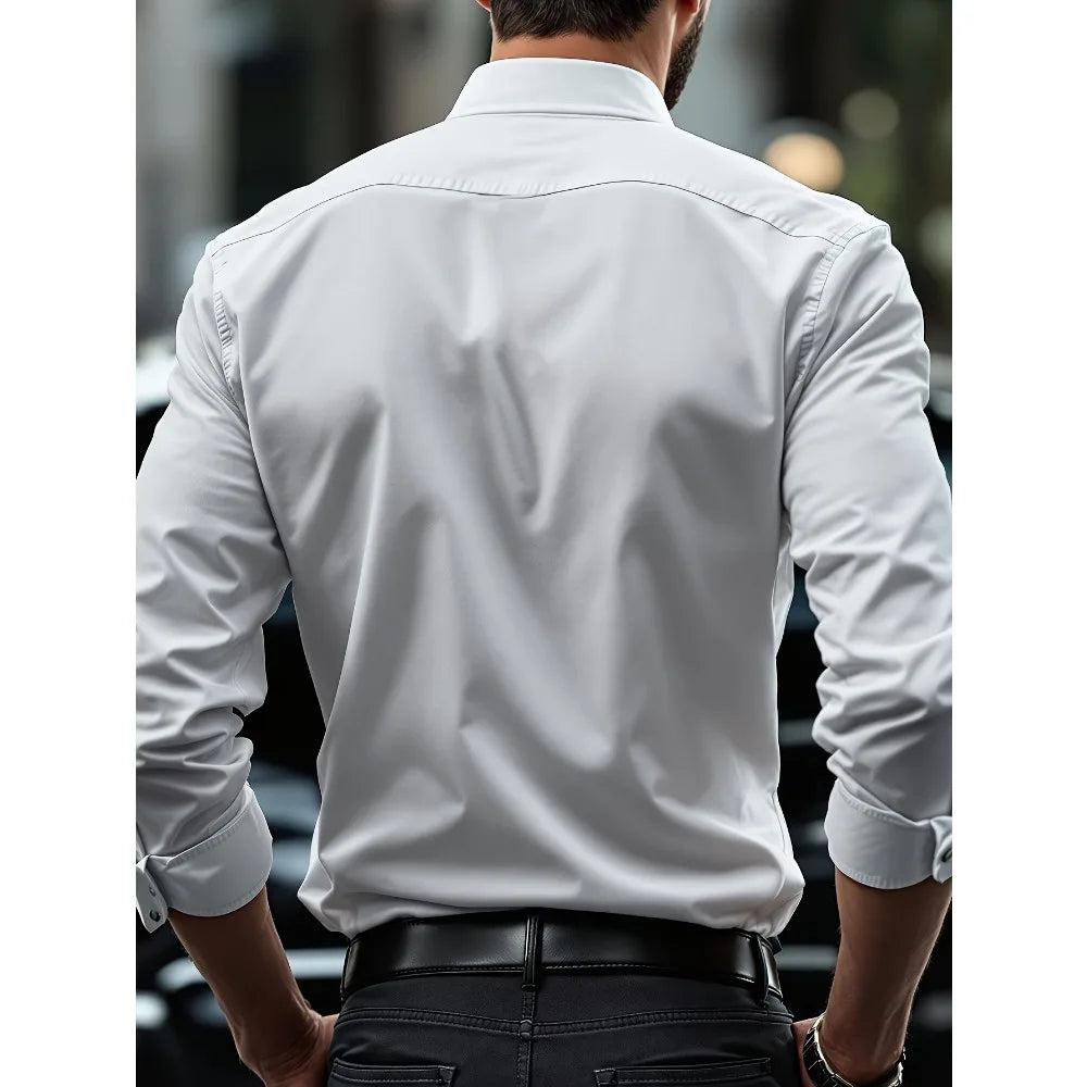 FGKKS Men Casual White Shirt Brand Fashion Solid Color Long Sleeve Elastic Fabric Male Business Dress Shirt