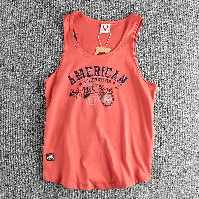Retro trend letter pattern men's sweat vest all cotton wash fitness sports sleeveless vest T-shirt