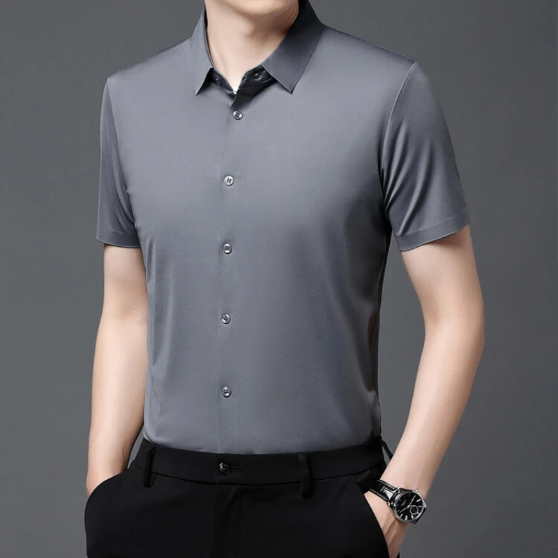 Men's Ultra Stretch Short Sleeve Shirt Business Casual  Breathable Stretchable Abrasion-Resistant Solid Color Short Sleeve Shirt