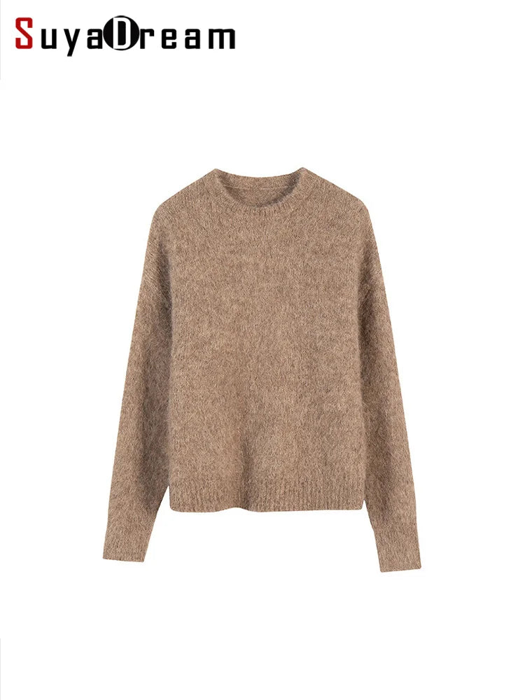 SuyaDream Warm Alpaca Pullovers for Woman, Dropped Sleeved Loose Sweaters, 2025 Fall Winter Top, Camel, Beige