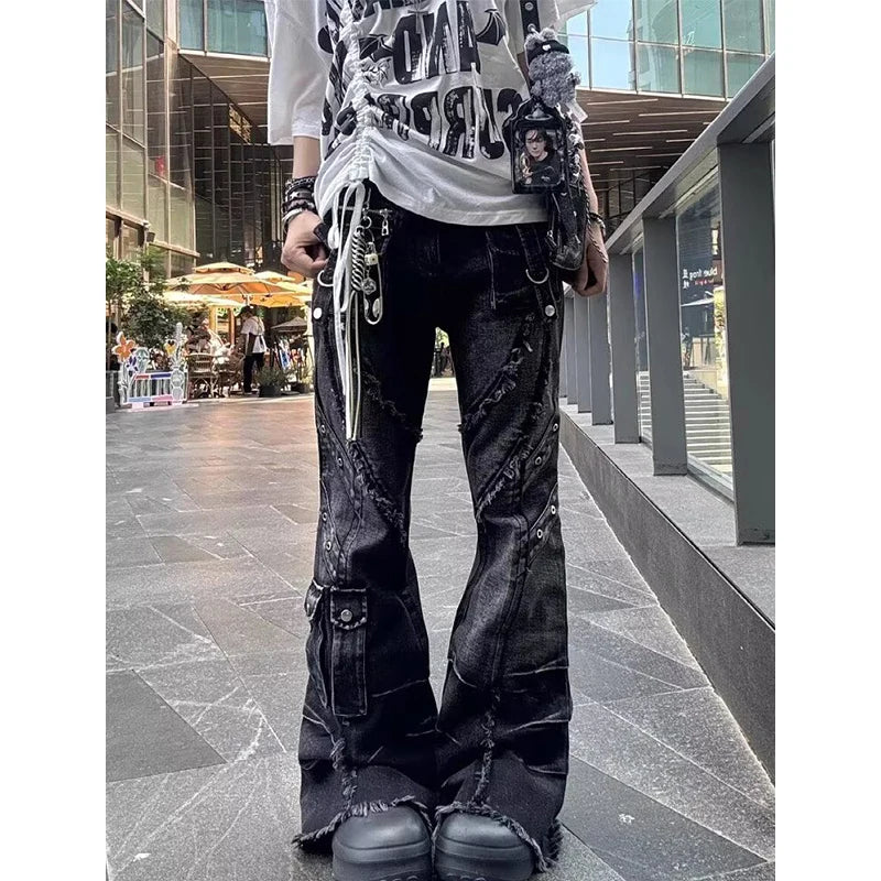 Women's Y2k Baggy Flare Jeans Harajuku Japanese 2000s Style Patchwork Denim Trouser Vintage Oversize Cargo Jeans Pants Clothes