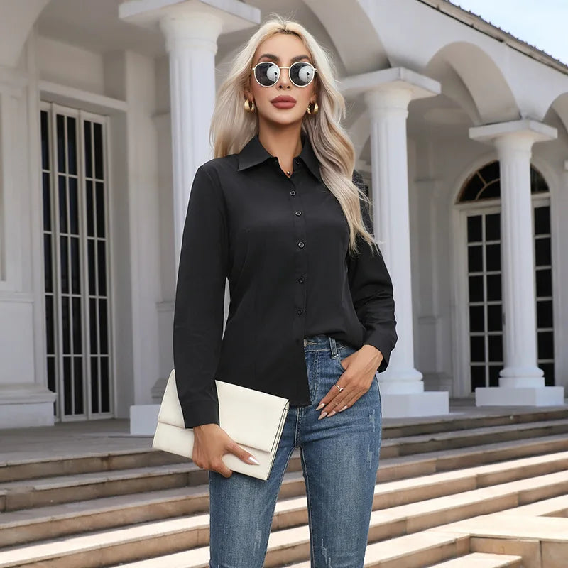 1pcs Woman Spring Autumn Solid color Shirts Lady Casual Long Sleeve Turn-down Collar Loose Shirt Female Fashion Temperament Tops