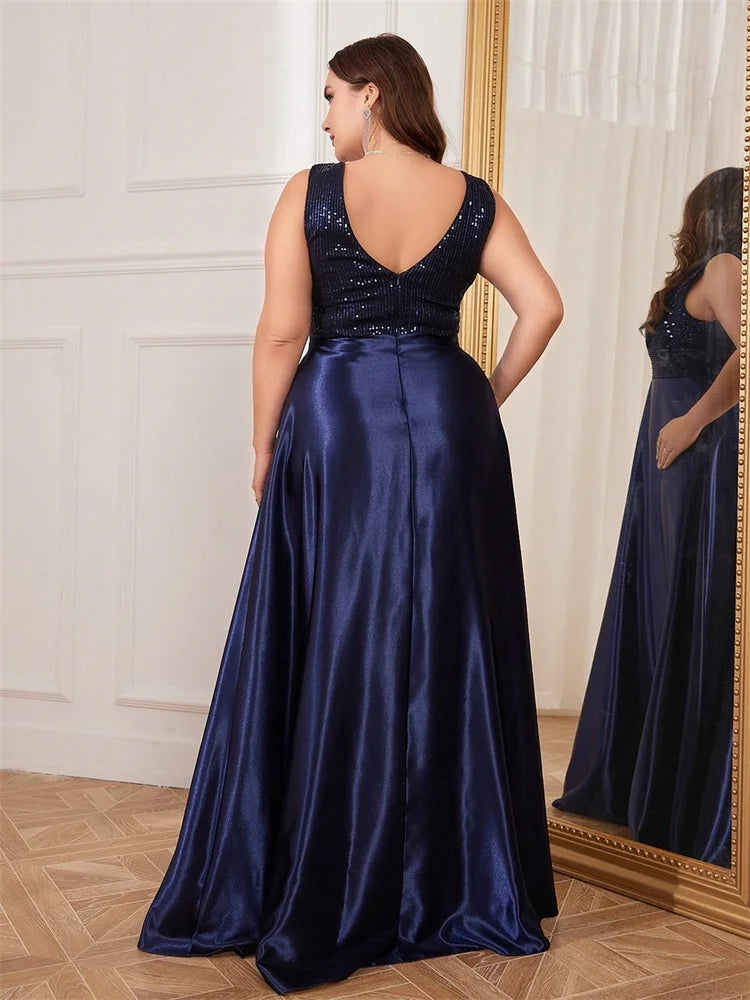 Plus Size Elegant Sequins Evening Dress For Women 2025 Deep V-neck Satin Prom Party Dress Floor Length Formal Bridesmaid Gowns
