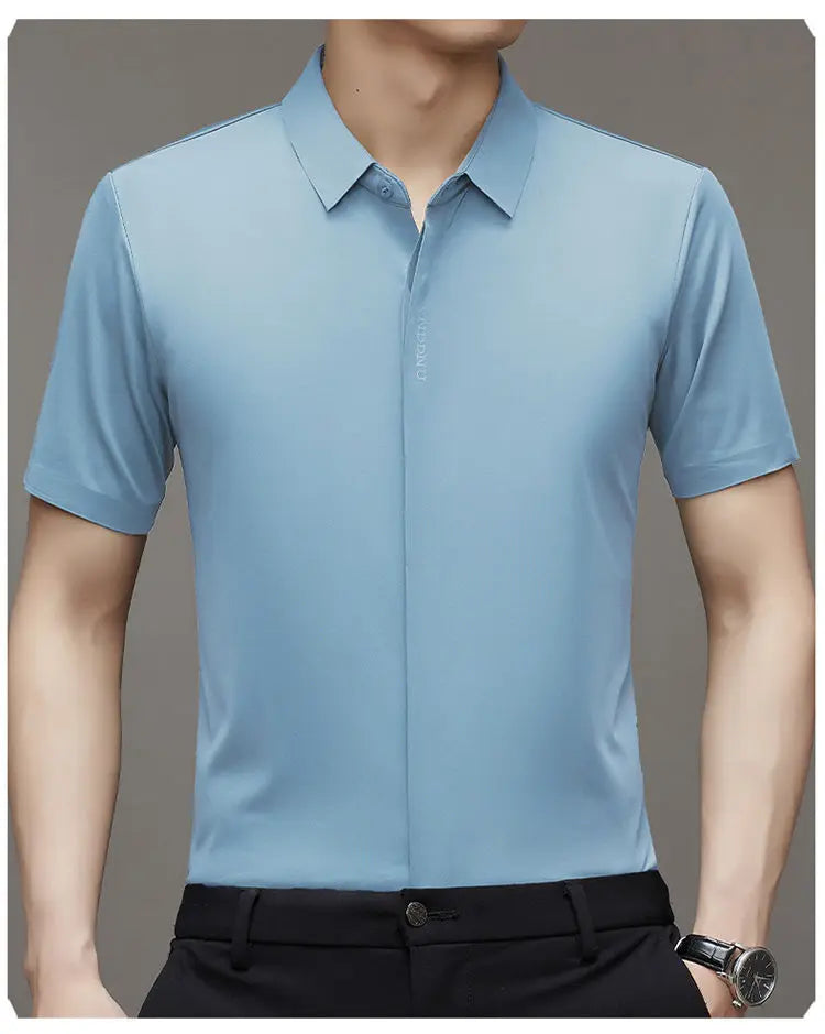 High end  Mulberry Silk Men Short Sleeve Business Shirt Wrinkle Resistant Button Invisible Top Elastic Luxurious Men Shirts