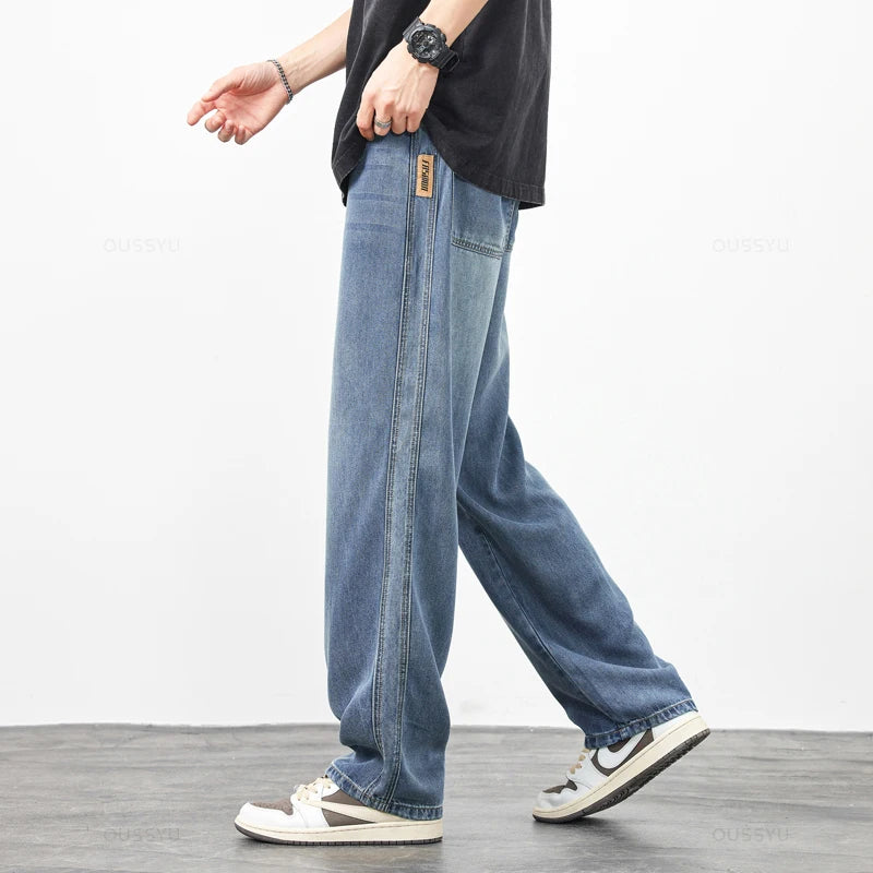 Spring Summer High Quality Soft Lyocell Fabric Jeans Men Thin Loose Wide Leg Pants Elastic Waist Casual Trousers Plus Size 28-40