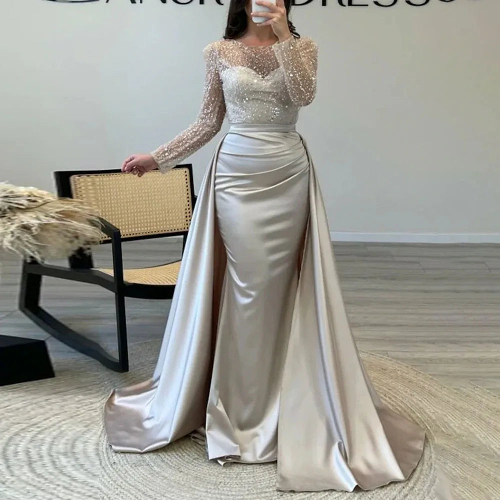 Women's Luxurious Sequins Evening Dress Round Neck Ruched Tiered Bodycon Maxi Dress For Female Prom Wedding Host Elegant Dresses