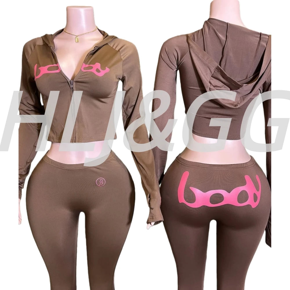 HLJ&GG Autumn New Letter Print Zipper Tracksuits Women Long Sleeve Slim Top And Skinny Pants Two Piece Sets Fashion 2pcs Outfits